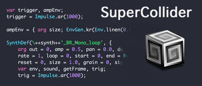 Logo del programa SuperCollider junto a varias lineas de código